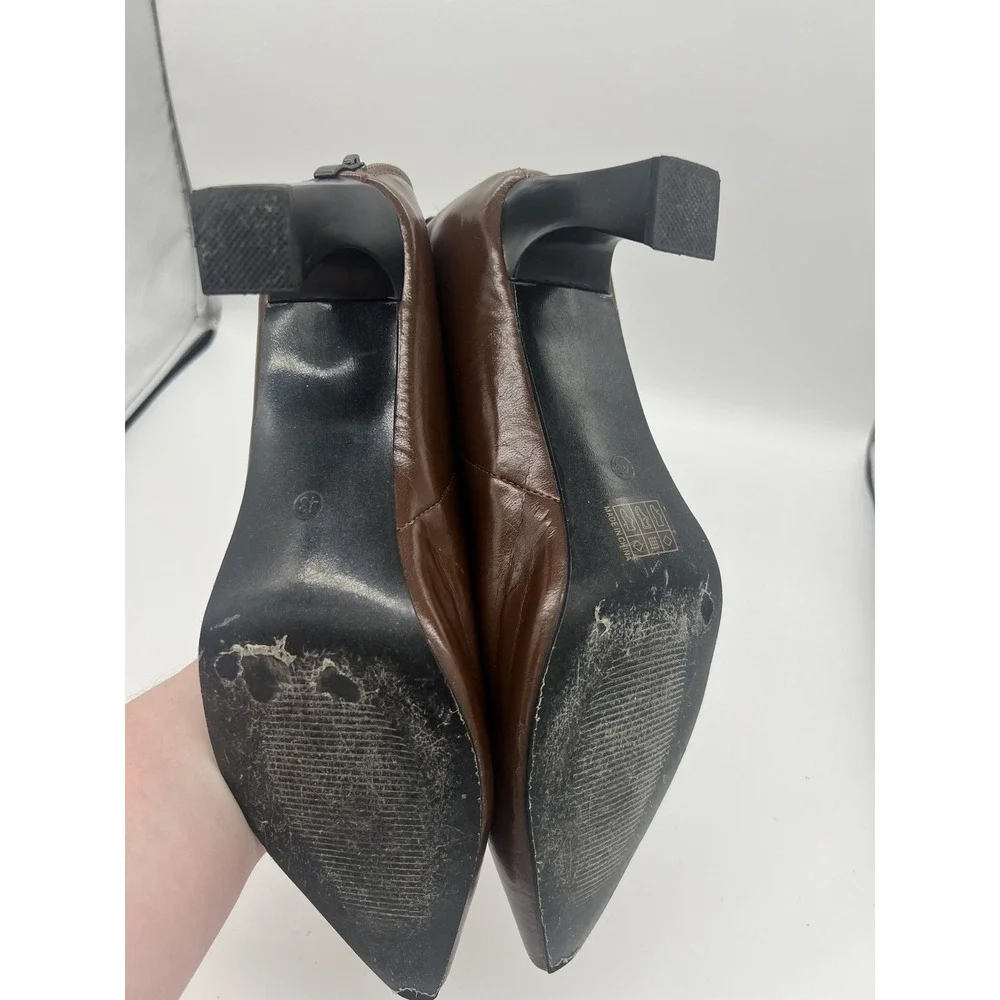 Women's Brown Faux Leather Pointed Toe Ankle Boots Block Heel Booties Size EU 43